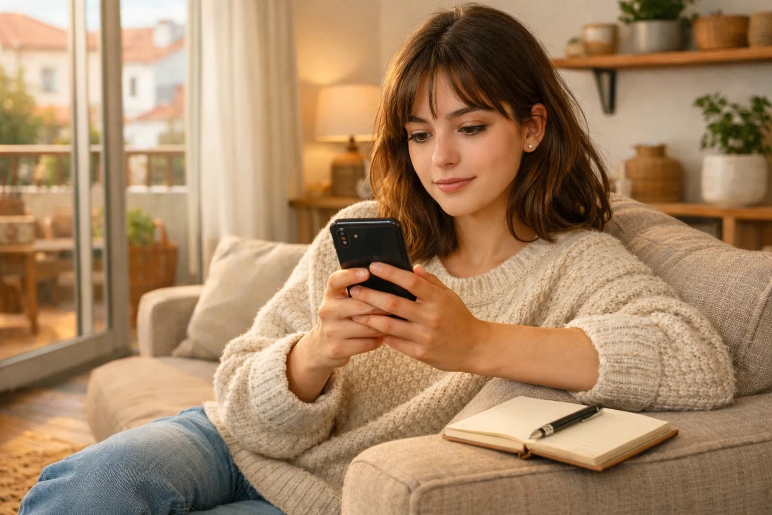 Jovem apostadora iniciante a aprender sobre apostas desportivas no smartphone