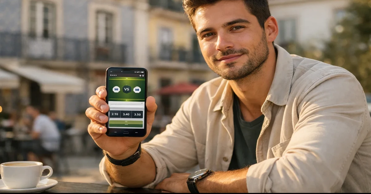 Jovem português a usar aplicação de apostas no telemóvel num café em Lisboa