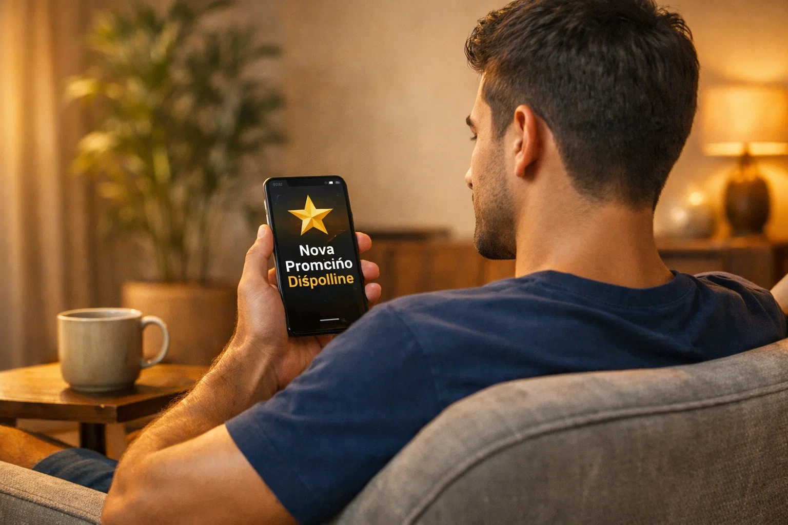 Cliente satisfeito a receber notificação de promoção especial no telemóvel com estrelas douradas