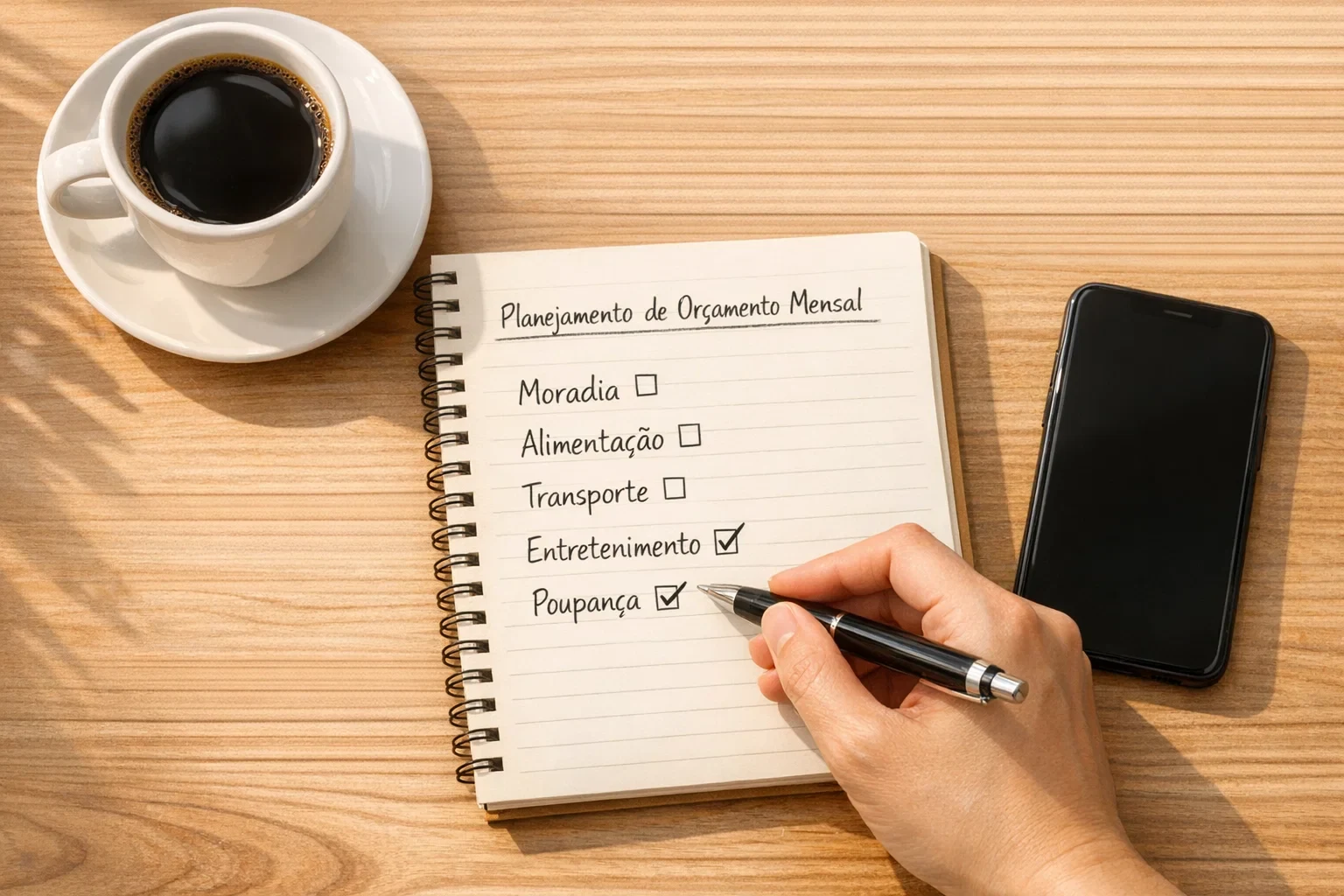 Caderno com plano de orçamento mensal e mão a marcar tarefas concluídas