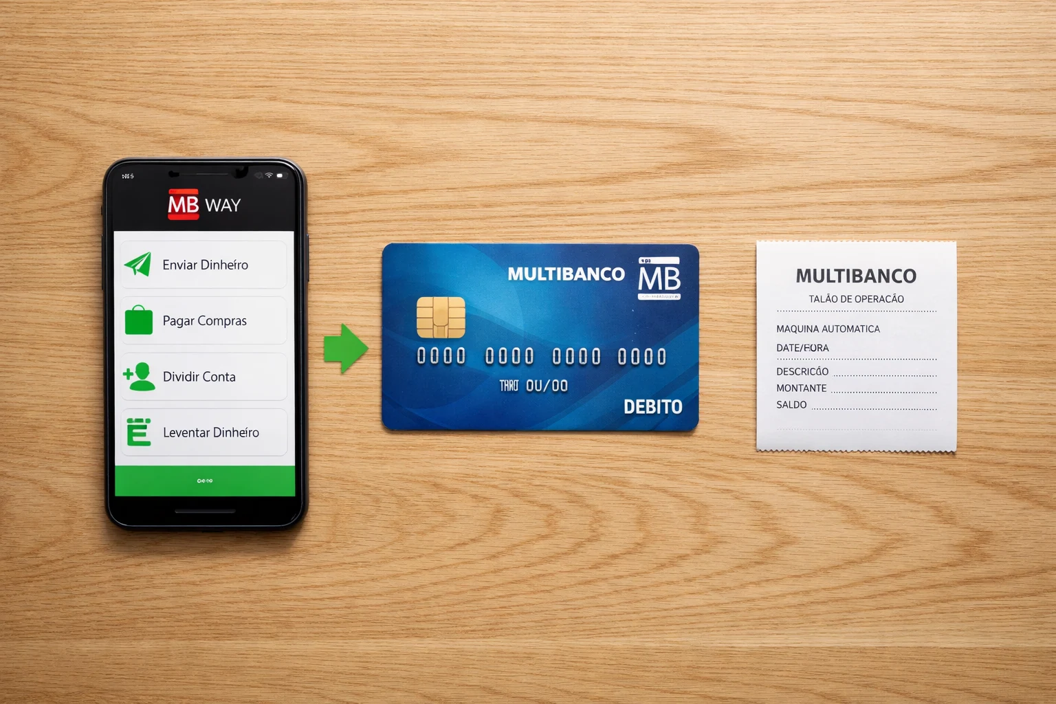 Comparação visual entre MB Way, cartão bancário e multibanco tradicional numa secretária