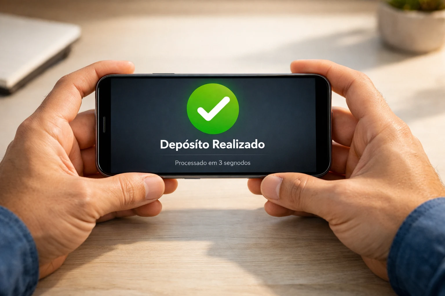 Mãos a segurar smartphone com confirmação de depósito instantâneo bem sucedido