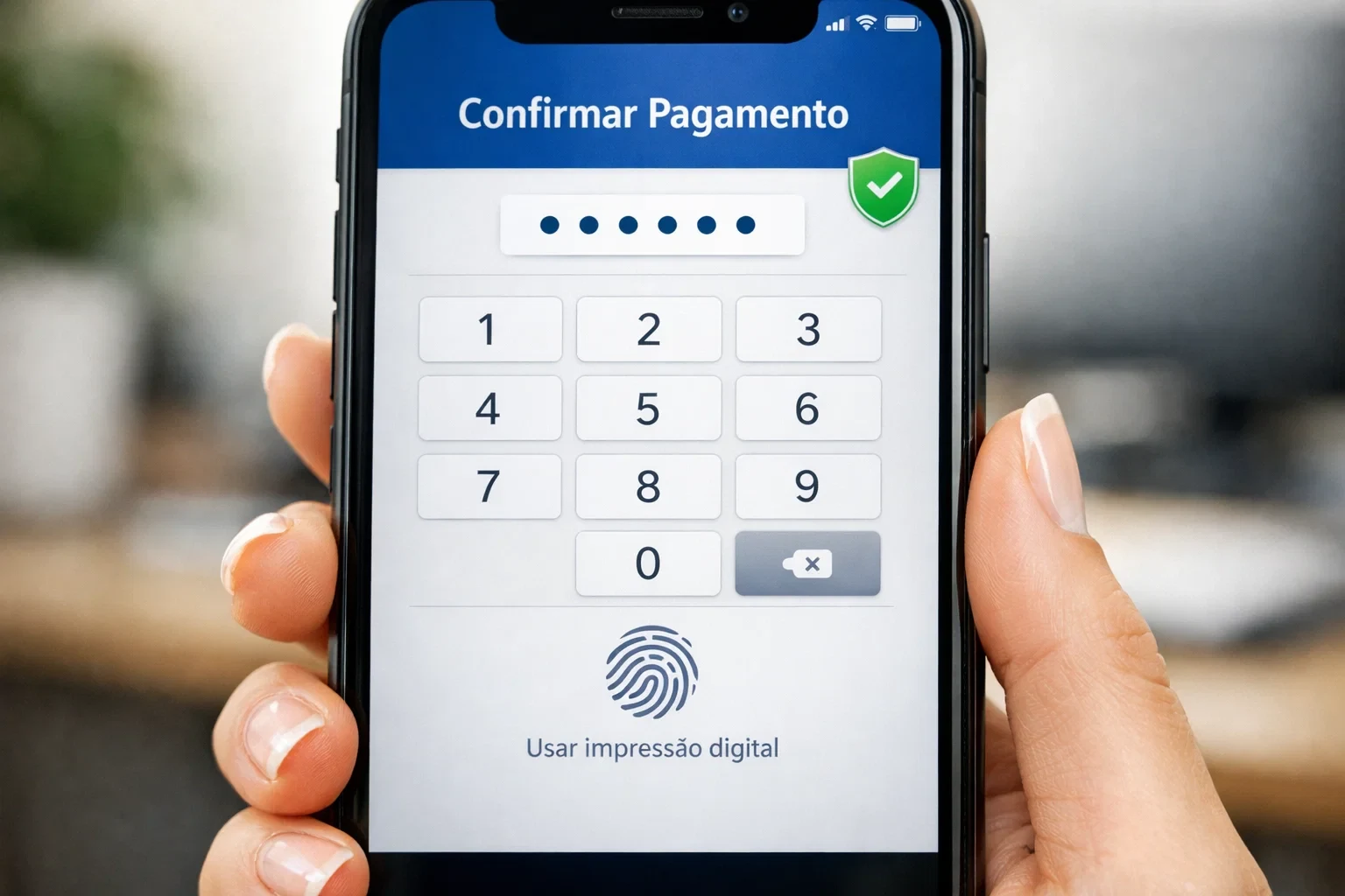 Ecrã de smartphone a mostrar autenticação segura com PIN e verificação biométrica